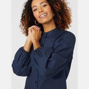 COS Women’s Navy Puff Sleeve Button Front Poplin Cotton Shirt Office Size 12